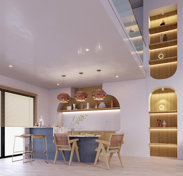 3d rendering3d illustration Interior Scene and Mockupentresuelo sala de estar y dormitorio cocina interior en moderno con entresuelo