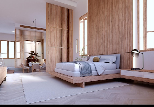 3D-Rendering3dModernes Schlafzimmer mit Holzmaterialien und warmweißen Lichtern