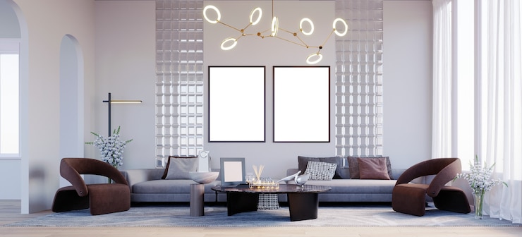 3D-RenderingWohnzimmer 2 Sessel schwarzes Zweisitzer-Sofa Glaswanddekoration Deckenleuchte
