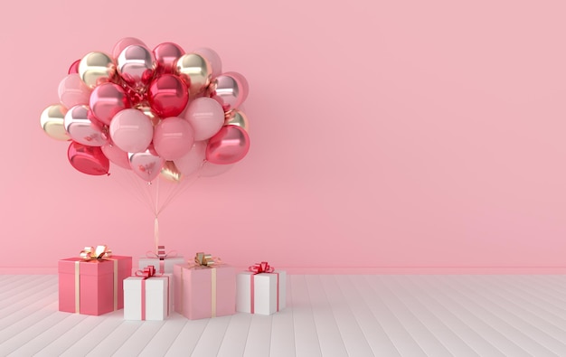 3D-Renderinnenraum mit realistischer Geschenkbox aus goldenen und rosafarbenen Luftballons mit Band-Mock-up-Poster