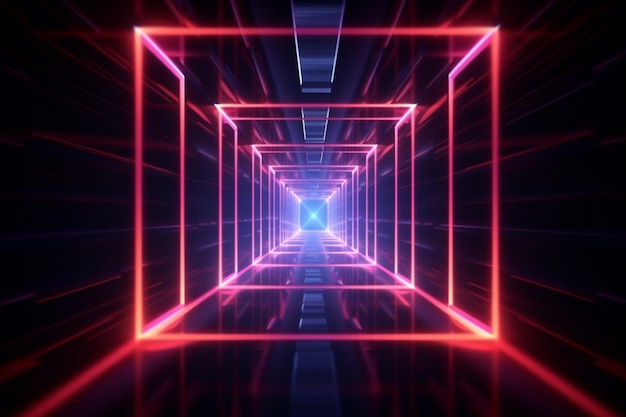 3d renderiza a luz neon contra um túnel escuro Brilho do laser