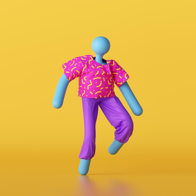 3d renderiza personagem de desenho animado azul vestindo roupas coloridas de verão caminha