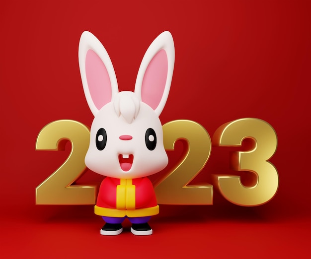 Foto 3d renderiza saudações de desenho animado de coelho fofo com sinais numéricos de cor dourada 2023 em fundo vermelho