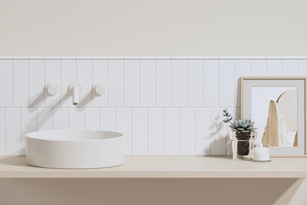 3D renderiza um balcão de vaidade branco vazio com lavatório de cerâmica e torneira de estilo moderno em um banheiro