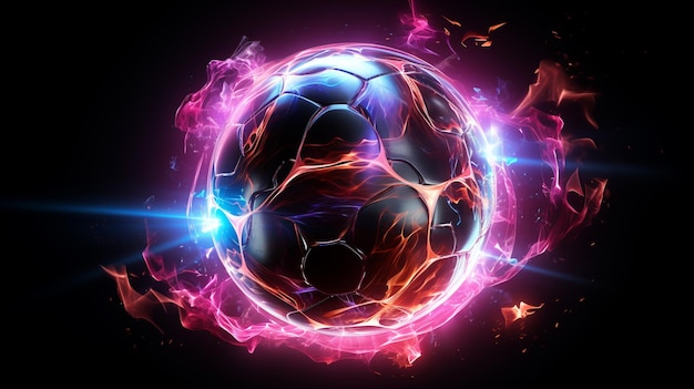 3D renderização abstrata bola de futebol futurista Partículas coloridas respingam em fundo preto IA generativa