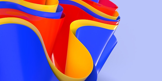 3D renderização abstrata efeito de onda de papel de parede vermelho, amarelo, cor azul