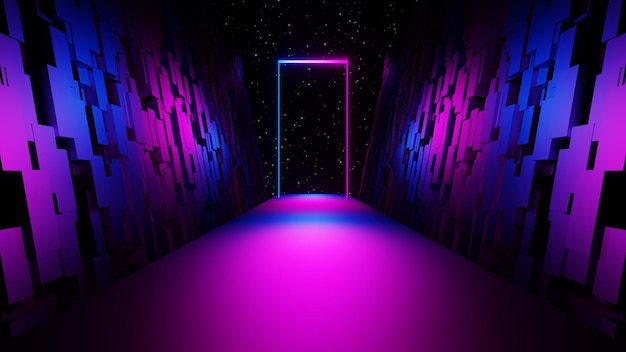 3d renderização abstrata futurista neon fundo brilhante quadro retangular cena fantástica do espaço cibernético