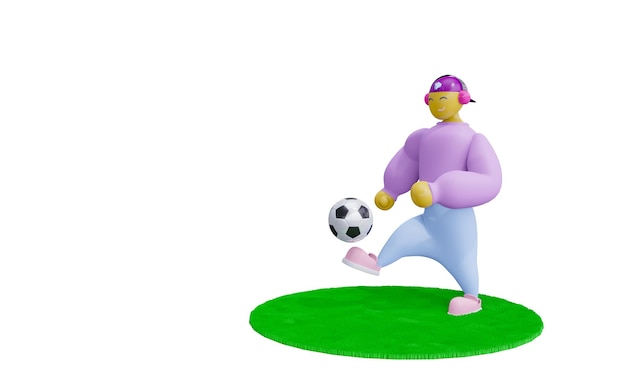 Foto 3d renderização alegre personagem fofo fã de futebol brincando com uma bola no gramado