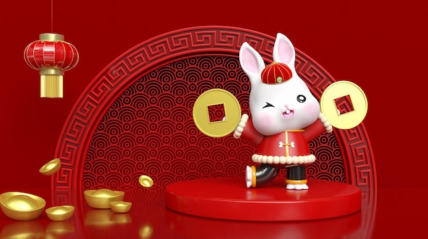 3d renderização ano novo chinês dourado 2022 ano novo lunar ano do coelho