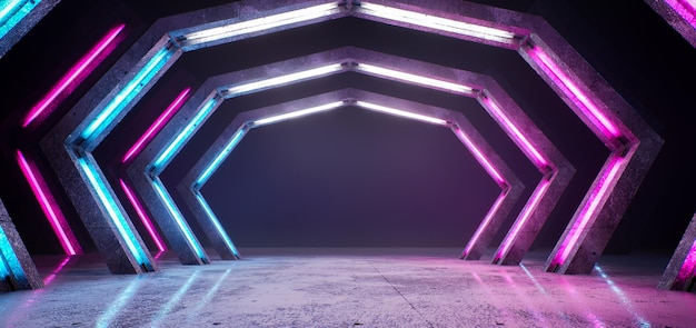 3d renderização azul rosa violeta néon abstrato luz ultravioleta boate quarto vazio interior túnel ou corredor painéis brilhantes moda pódio desempenho decorações de palco