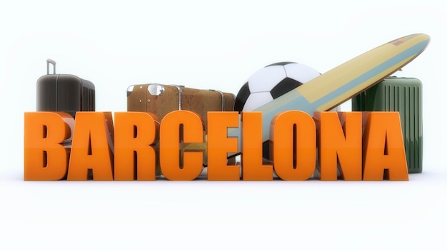 3d renderização Barcelona texto 3d e malas e bola
