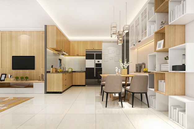 3d, renderização, branca, mínimo, cozinha, com, luxo, decoração