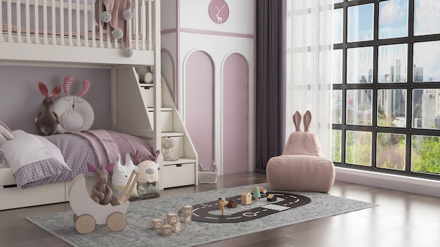3d renderização cena interior do quarto de quarto de crianças modernas