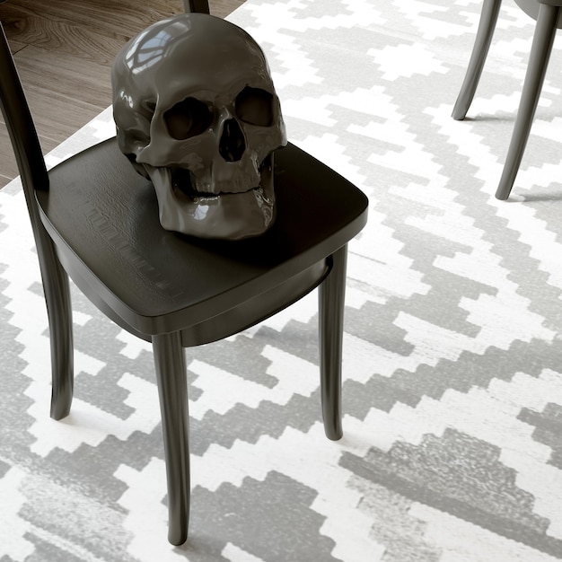 3d renderização Crânio preto decorativo em uma cadeira Halloween
