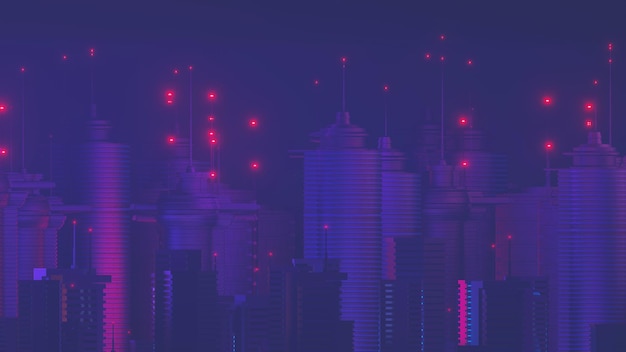 3d renderização da cena da paisagem da mega cidade da noite cibernética Luz brilhando e reflexão sobre a cena de tecnologia escura Vida noturna Rede de tecnologia para 5g Além do futurista da capital SciFi e cena de construção