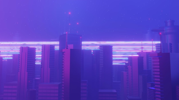 3d renderização da cena da paisagem da mega cidade da noite cibernética Luz brilhando e reflexão sobre a cena de tecnologia escura Vida noturna Rede de tecnologia para 5g Além do futurista da capital SciFi e cena de construção
