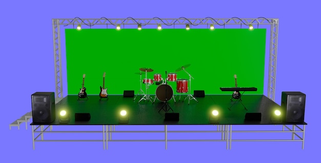 3d renderização da cena do concerto com palco e equipamentos, ícone da música