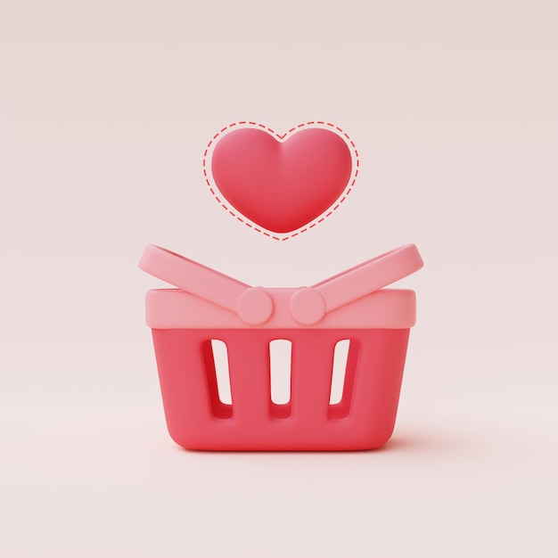 3d renderização da cesta de compras rosa com hart float isolado em fundo pastel, conceito de venda de dia dos namorados, estilo mínimo.