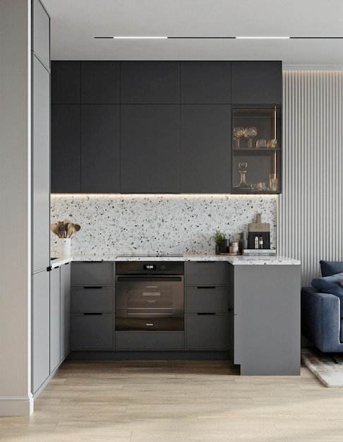 Foto 3d renderização da cozinha integral elegante com ilustração interior para casa de gavetas pretas