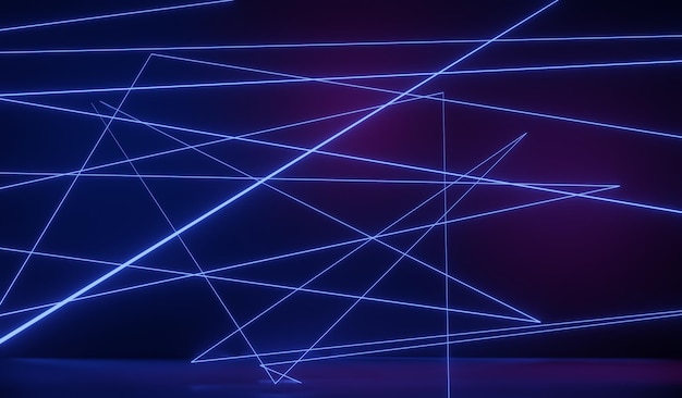 3d renderização da luz de néon rgb no fundo da escuridão linhas de laser abstratas mostram à noite cena de feixe de espectro ultravioleta para mock up e banner web