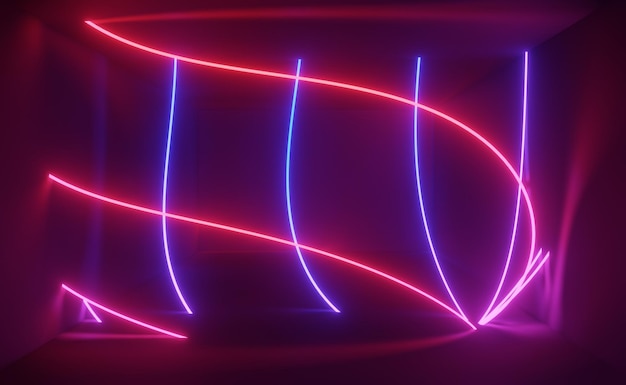 3d renderização da luz de néon RGB no fundo escuro. Linhas de laser abstratas mostram à noite. Cena de feixe de espectro ultravioleta para mock up e banner web.