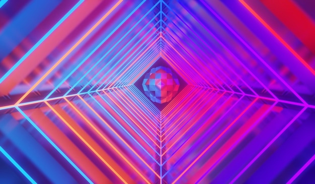 3d renderização da luz de néon RGB no fundo escuro. Linhas de laser abstratas mostram à noite. Cena de feixe de espectro ultravioleta para mock up e banner web.