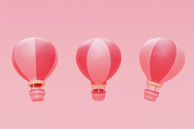 3d renderização de balão de ar quente rosa no céu, conceito de turismo e viagens, dia dos namorados, estilo de férias férias.minimal.