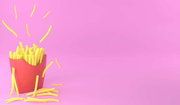 Foto 3d renderização de batatas fritas em fundo rosa ilustração 3d conceito de fast food e espaço de cópia