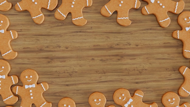 3d renderização de biscoitos de gengibre em fundo de madeira biscoitos de gengibre de natal