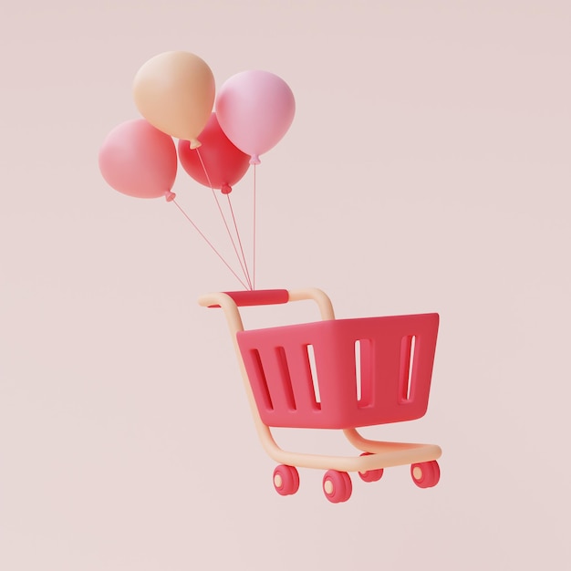 3d renderização de carrinho de compras rosa com balões flutuando isolado em fundo pastel, conceito de venda de dia dos namorados, estilo mínimo.