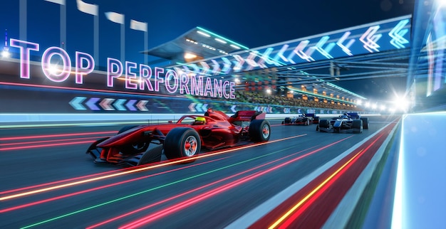 3d renderização de carro de corrida esportiva condução rápida com texto TOP PERFORMANCE