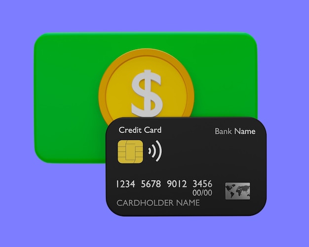 3d renderização de cartão de débito ou crédito e dinheiro. ícone de pagamento seguro.