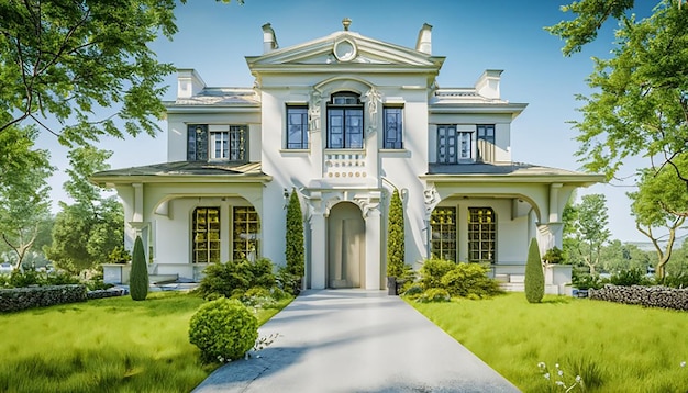 3D renderização de casa clássica moderna com jardim de luxo