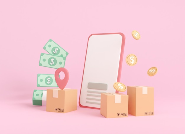 3d renderização de compras de smartphone e pagamento com remessa de pacote de caixa móvel de dinheiro e moeda online
