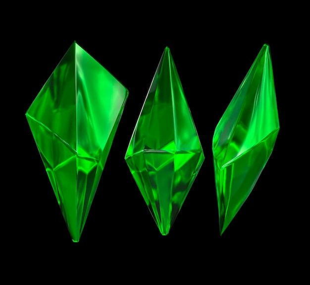 3D renderização de cristal verde esmeralda em gemas de fundo preto, pepitas naturais, acessórios misteriosos