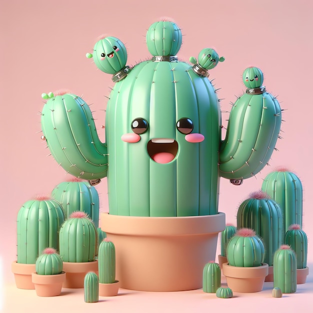 3d renderização de desenho animado de cactos e cactos com sorriso retrato adorável fundo de papel de parede