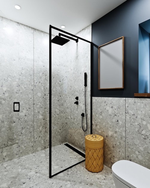 3D renderização de design de banheiro moderno com telhas sob concreto e mármore