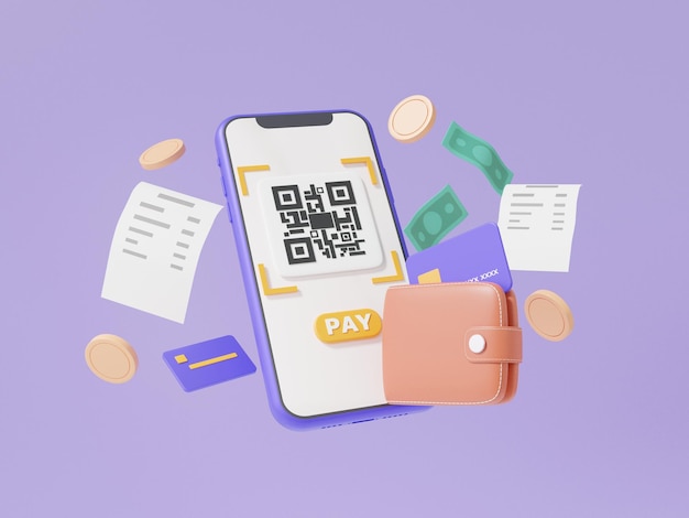 3d renderização de digitalização de código qr via telefone celular com moeda de conta flutuando no fundo roxo pagar dinheiro ou pagamento on-line compras conceito especial transferência digital transação de carteira financeira