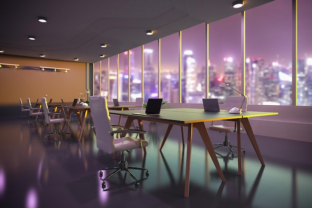 3d renderização de espaço de escritório vazio ou espaço de trabalho com notebook de computador