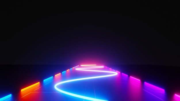 3d renderização de flash neon e luz brilhando na cena escura Linhas em movimento de luz de velocidade