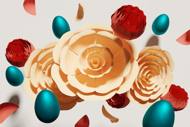 3d renderização de flores voadoras bege vermelho e laranja e cena de ovos de páscoa azuis em um fundo bege para seu projeto de primavera