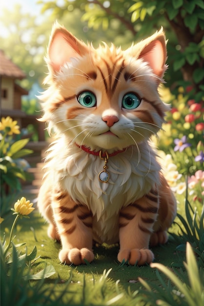 3d renderização de gatinho fofo sentado ao ar livre na natureza na grama observando o jardim no lindo dia