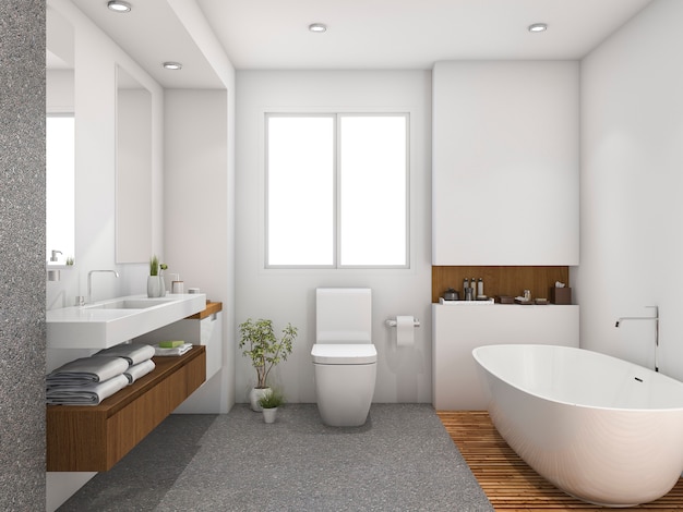 3d renderização de madeira e azulejos design banheiro perto da janela