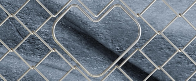 3d renderização de malha de cerca de metal em fundo escuro abstrato cerca de arame de metal dourado em forma de coração