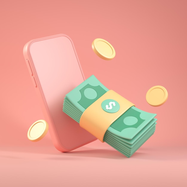 3d renderização de notas de dinheiro de negócios financeiros e fundo de ilustração de moeda flutuante de smartphone