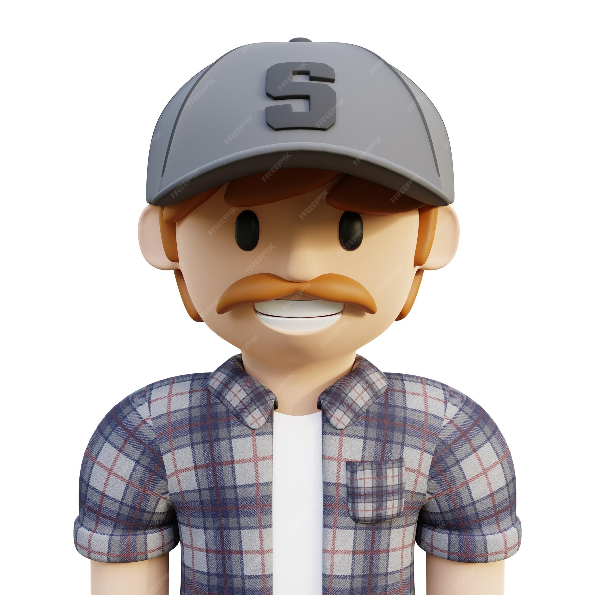 3d renderização de perfil de personagem masculino com cabelo castanho e  bigode usando chapéu de flanela