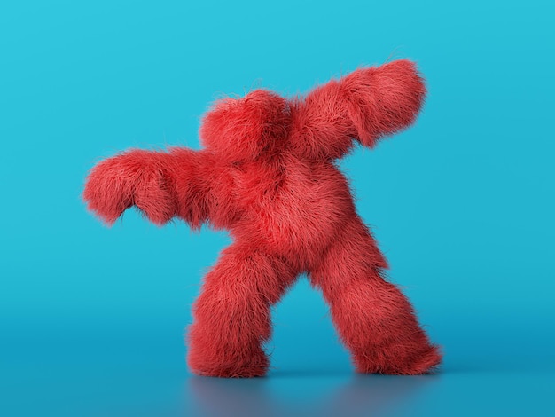 3D renderização de personagem de desenho animado de besta vermelha peluda assustadora posando