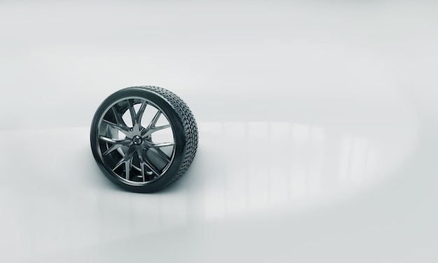 3d renderização de pneus de borracha em jantes de aço fundido Conceito de venda de rodas Oficinas de reparação automóvel