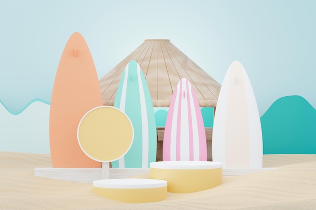 3d renderização de pódio de venda de verão para mostrar o produto cena de férias na praia no verão para maquete