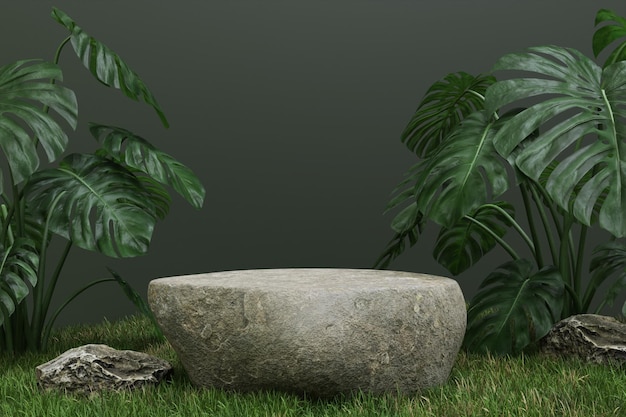 3d renderização de produto de pódio de pedra natural palco com planta